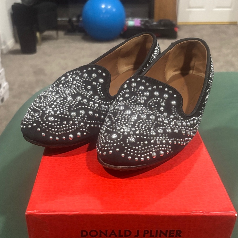 Donald J. Pliner Black Studded Slip-Ons with Silver Accents